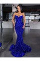 Compra Azul real Sirena Tirantes espagueti Barrer tren Lentejuelas Terciopelo Largo Vestidos de fiesta