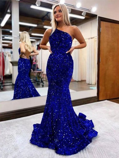 Azul real Sirena Un Hombre Barrer tren Lentejuelas Terciopelo Largo Vestidos de fiesta Baratos