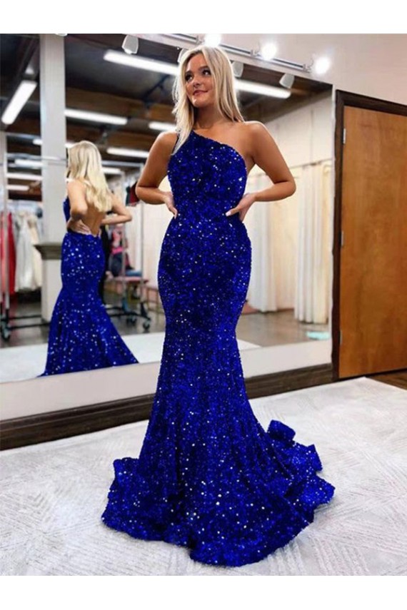 Compra Azul real Sirena Un Hombre Barrer tren Lentejuelas Terciopelo Largo Vestidos de fiesta