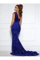 Compra Azul real Sirena Un Hombre Cola corte Lentejuelas Terciopelo Largo Vestidos de fiesta