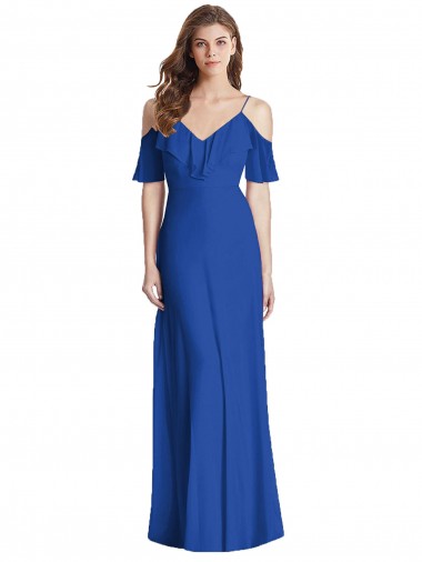 Azul real Trompeta Tirantes espagueti Cuello en V Gasa Largo Vestidos de dama de honor Baratos