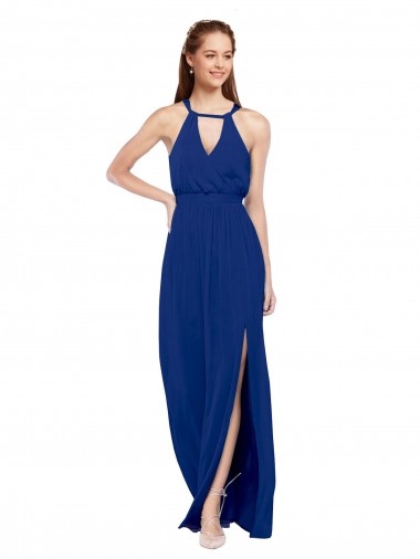 Azul real línea A Cuello Alto Gasa Largo Vestidos de dama de honor Baratos