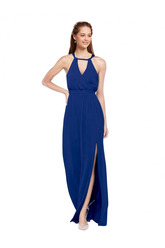 Compra Azul real línea A Cuello Alto Gasa Largo Vestidos de dama de honor