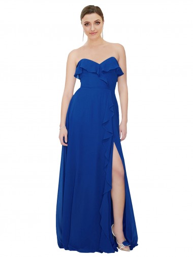 Azul real línea A Cuello de Corazón Sin tirantes Gasa Largo Vestidos de dama de honor Baratos