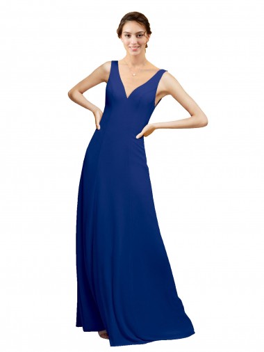 Azul real línea A Cuello en V Gasa Largo Vestidos de dama de honor Baratos