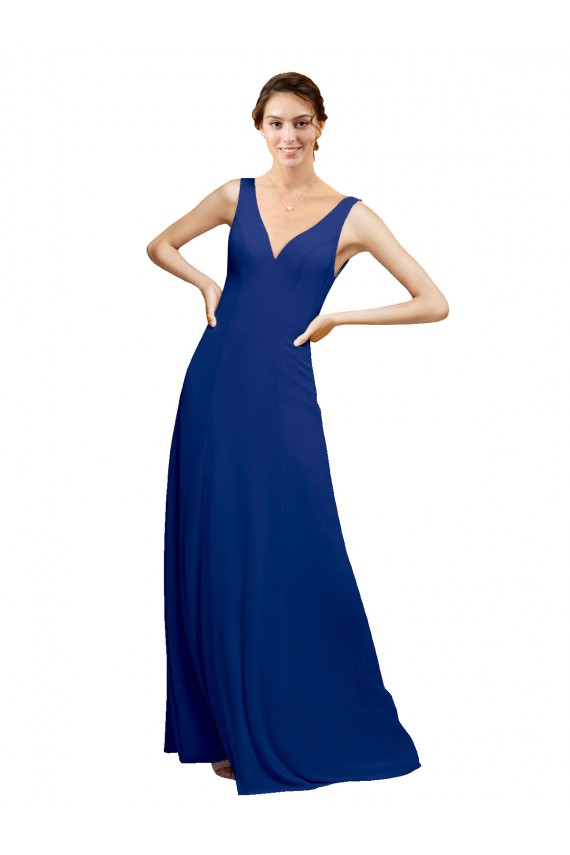 Compra Azul real línea A Cuello en V Gasa Largo Vestidos de dama de honor