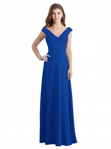 Azul real línea A Cuello en V Gasa Largo Vestidos de dama de honor Baratos