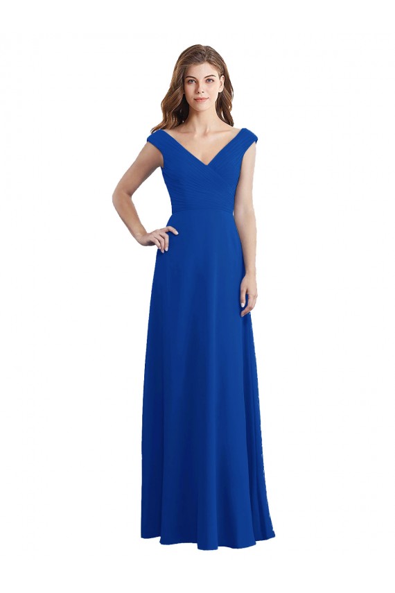 Compra Azul real línea A Cuello en V Gasa Largo Vestidos de dama de honor