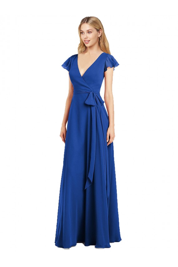 Compra Azul real línea A Cuello en V Gasa Largo Vestidos de dama de honor