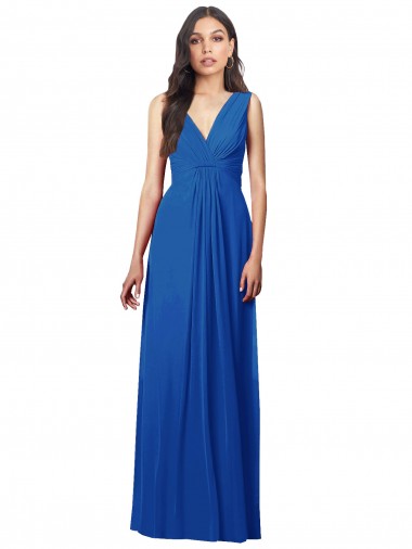Azul real línea A Cuello en V Gasa Largo Vestidos de dama de honor Baratos
