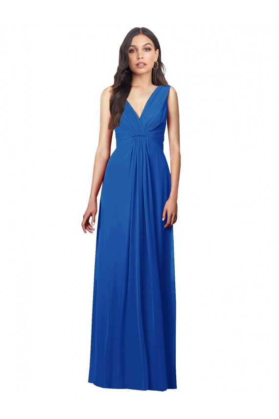 Compra Azul real línea A Cuello en V Gasa Largo Vestidos de dama de honor