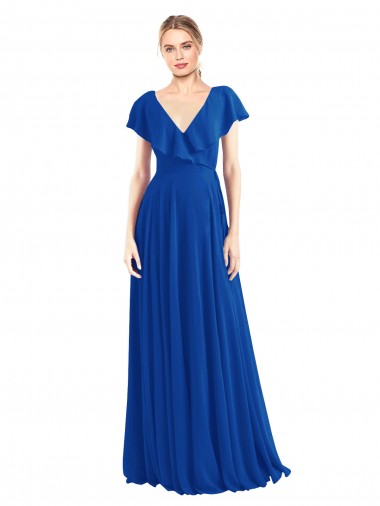 Azul real línea A Cuello en V Gasa Largo Vestidos de dama de honor Baratos