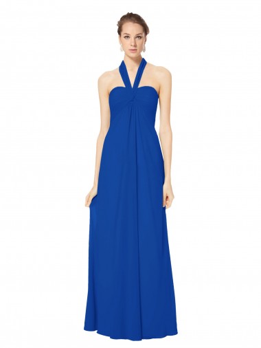 Azul real línea A Halter Gasa Largo Vestidos de dama de honor Baratos