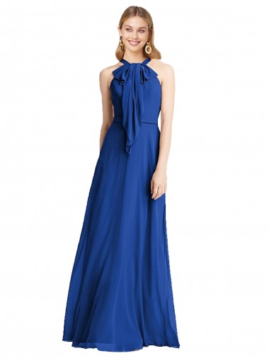 Azul real línea A Halter Gasa Largo Vestidos de dama de honor Baratos
