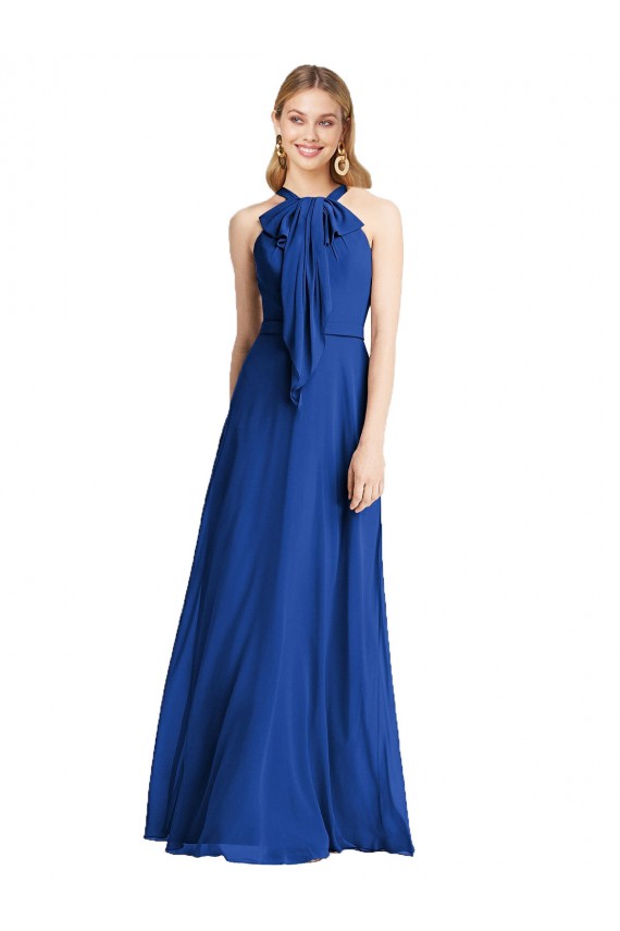 Compra Azul real línea A Halter Gasa Largo Vestidos de dama de honor