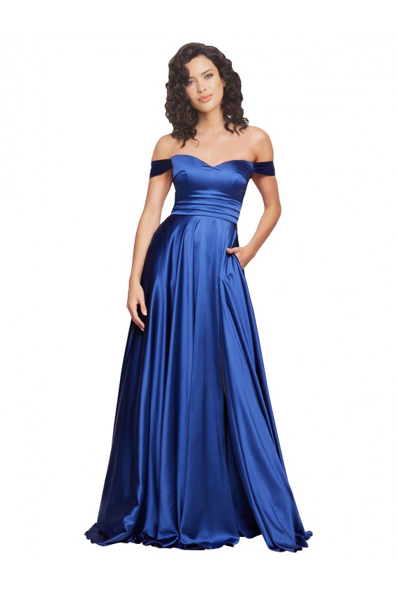 Compra Azul real línea A Hombros Descubiertos Barrer tren Satén elástico Largo Formales Vestidos de dama de honor / Vestidos de fiesta