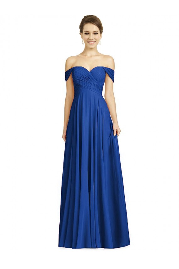 Compra Azul real línea A Hombros Descubiertos Gasa Largo Vestidos de dama de honor