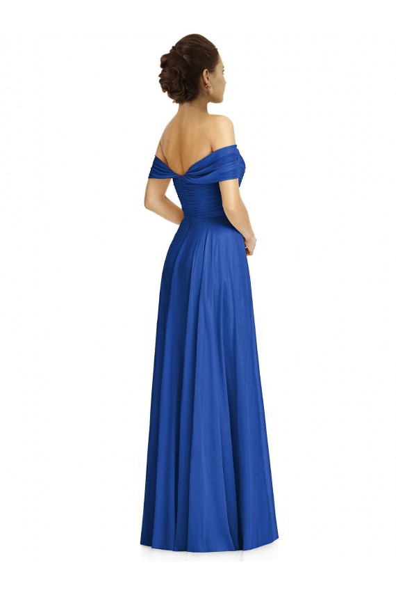 Compra Azul real línea A Hombros Descubiertos Gasa Largo Vestidos de dama de honor