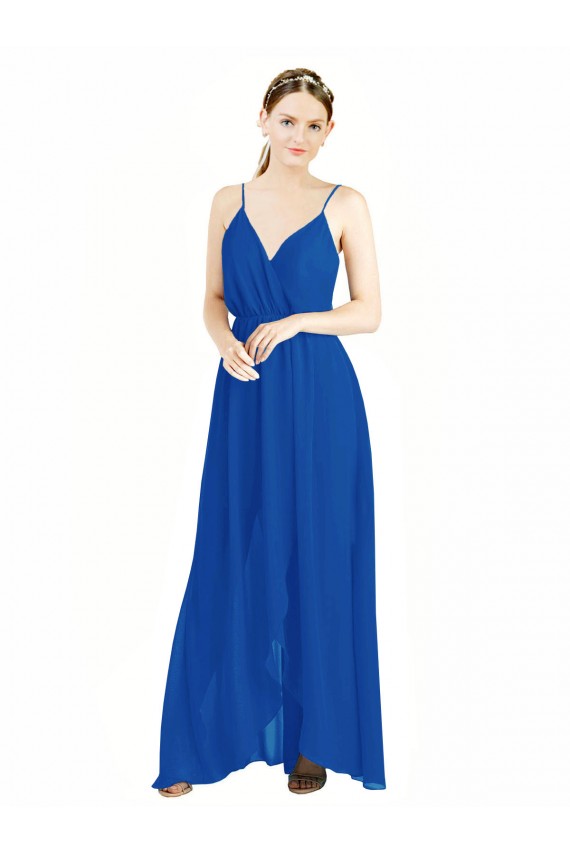 Compra Azul real línea A Tirantes espagueti Cuello en V Gasa Largo Vestidos de dama de honor