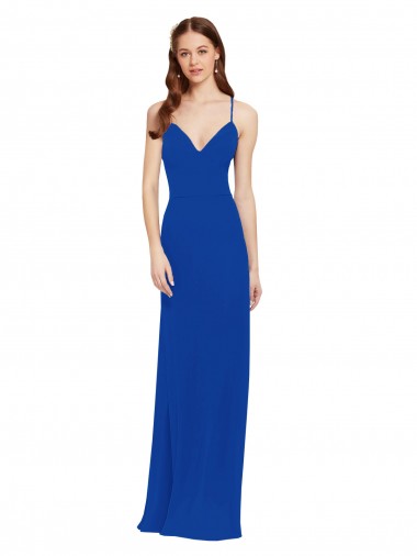 Azul real línea A Tirantes espagueti Cuello en V Gasa Largo Vestidos de dama de honor Baratos