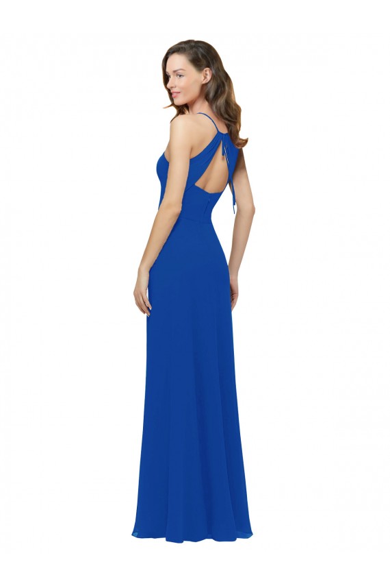 Compra Azul real línea A Tirantes espagueti Cuello en V Gasa Largo Vestidos de dama de honor