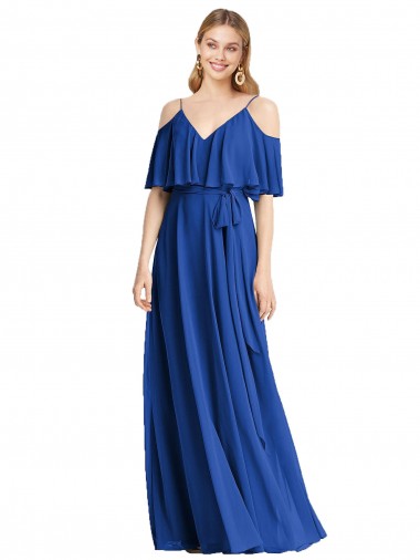 Azul real línea A Tirantes espagueti Cuello en V Gasa Largo Vestidos de dama de honor Baratos