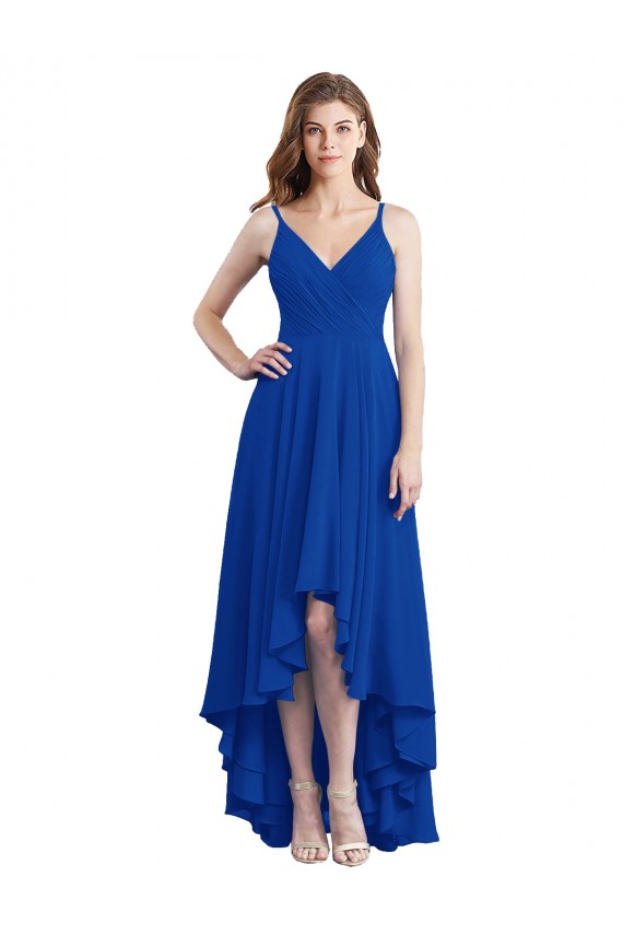 Compra Azul real línea A Tirantes espagueti Gasa Largo Asimétrico Vestidos de dama de honor