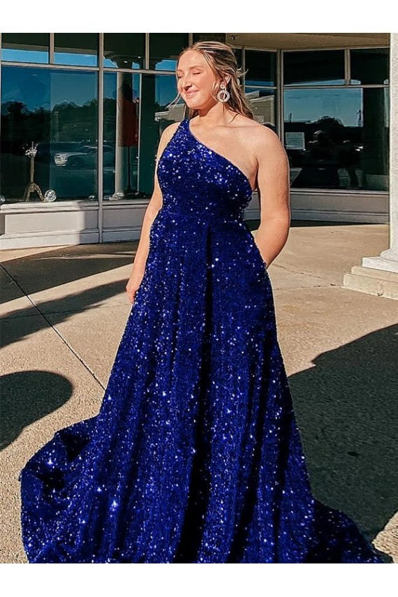 Compra Azul real línea A Un Hombre Barrer tren Lentejuelas Terciopelo Largo Vestidos de fiesta