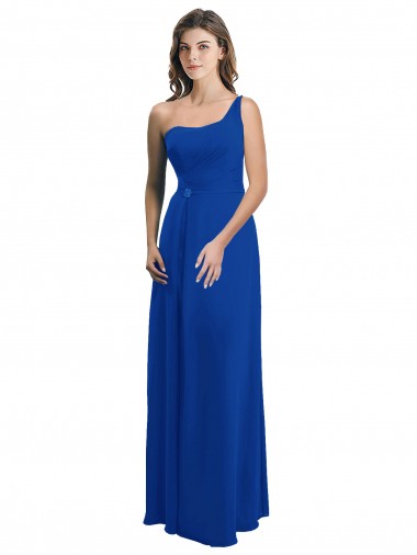 Azul real línea A Un Hombre Gasa Largo Vestidos de dama de honor Baratos