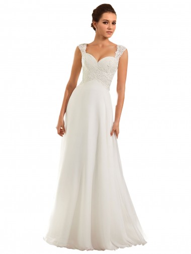 Blanco Cubierta Cuello de Corazón Cola capilla Gasa Encaje Vestidos de novia Baratos