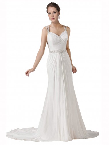 Blanco Cubierta Cuello de Corazón Cola capilla Gasa Playa Vestidos de novia Baratos