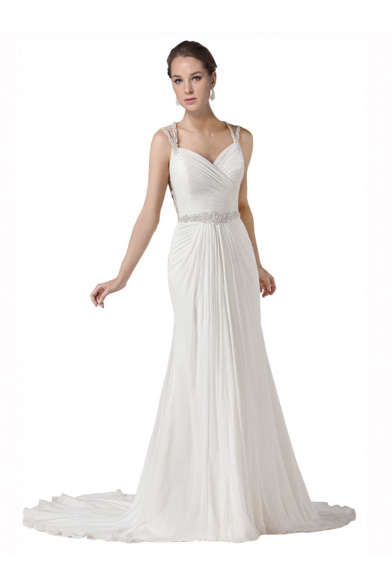Compra Blanco Cubierta Cuello de Corazón Cola capilla Gasa Playa Vestidos de novia
