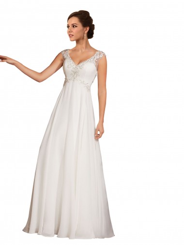 Blanco Cubierta Cuello en V Cola capilla Gasa Encaje Vestidos de novia Baratos