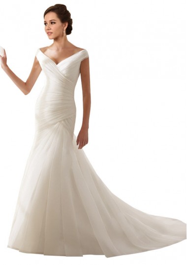 Blanco Cubierta Hombros Descubiertos Cola capilla Tul Vestidos de novia Baratos