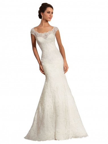 Blanco Sirena Barco Cola capilla Encaje Vestidos de novia Baratos