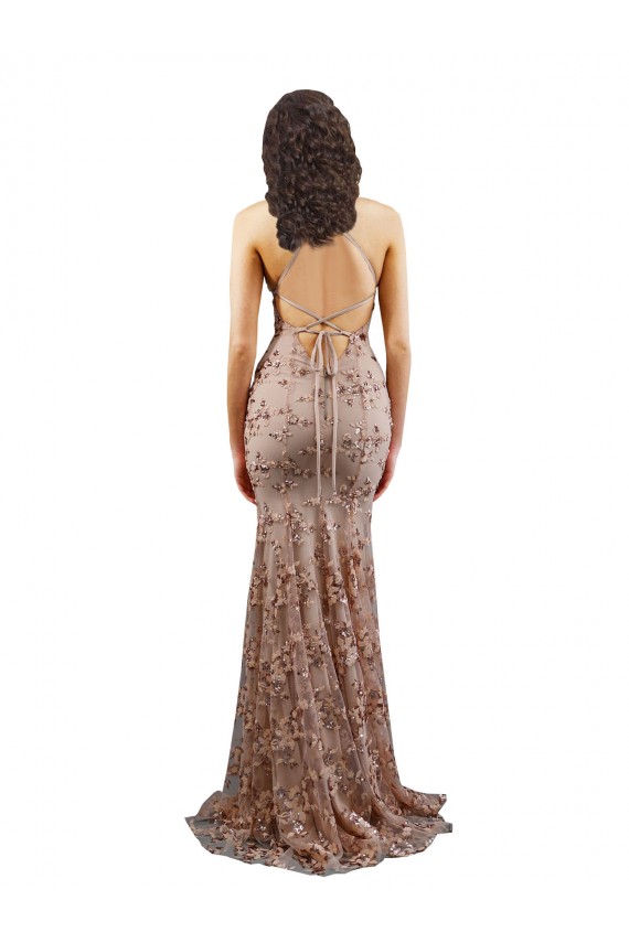 Compra Oro rosa Sirena Cuello en V Cuello Alto Crepé Elástico Lentejuela Tul Largo Formales Vestidos de dama de honor / Vestidos de fiesta