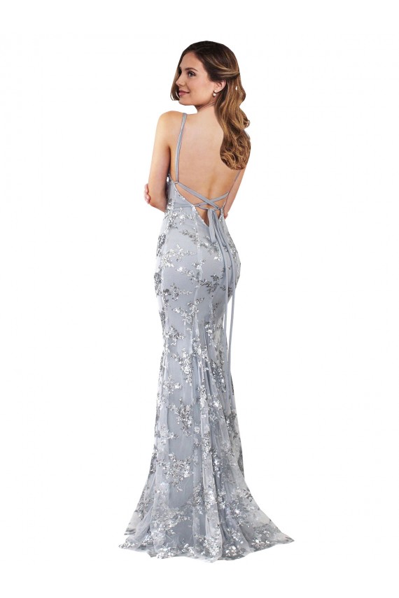 Compra Plata Sirena Cuello en V Cuello Alto Crepé Elástico Lentejuela Tul Largo Formales Vestidos de dama de honor / Vestidos de fiesta