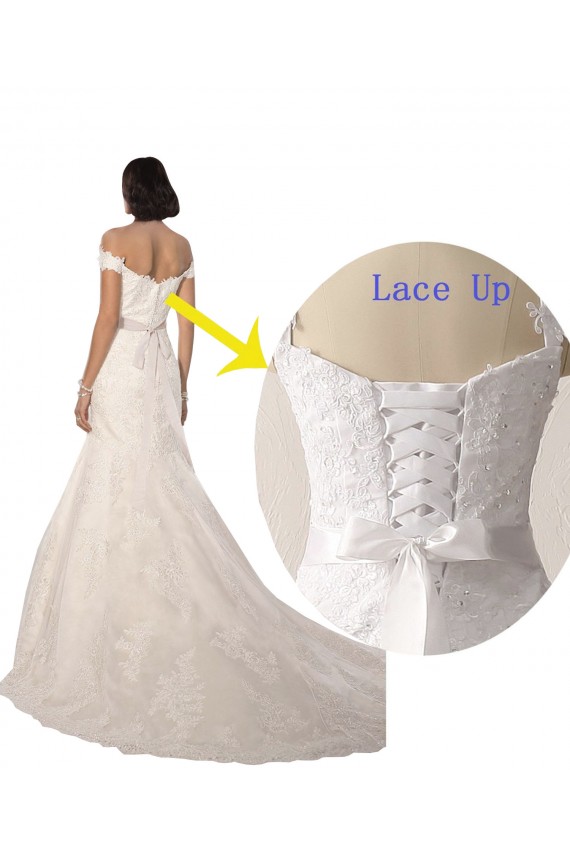 Compra Blanco Sirena Hombros Descubiertos Cola capilla Encaje Playa Vestidos de novia