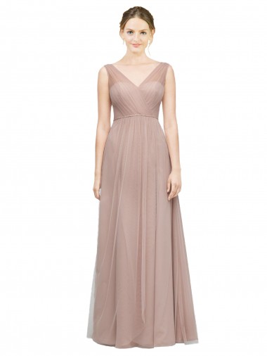 Blush línea A Cuello en V Tul Largo Vestidos de dama de honor Baratos
