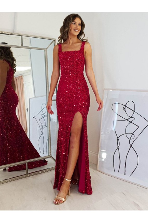 Compra Borgoña Cubierta Cuadrado Lentejuelas Terciopelo Largo Vestidos de fiesta