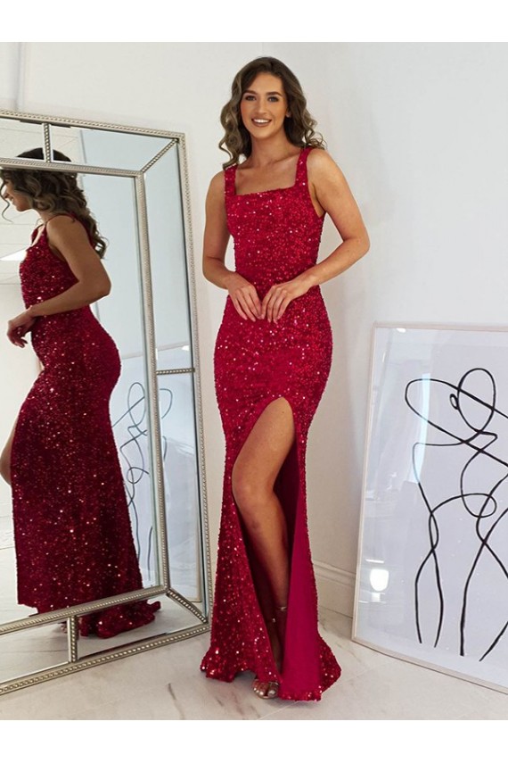 Compra Borgoña Cubierta Cuadrado Lentejuelas Terciopelo Largo Vestidos de fiesta