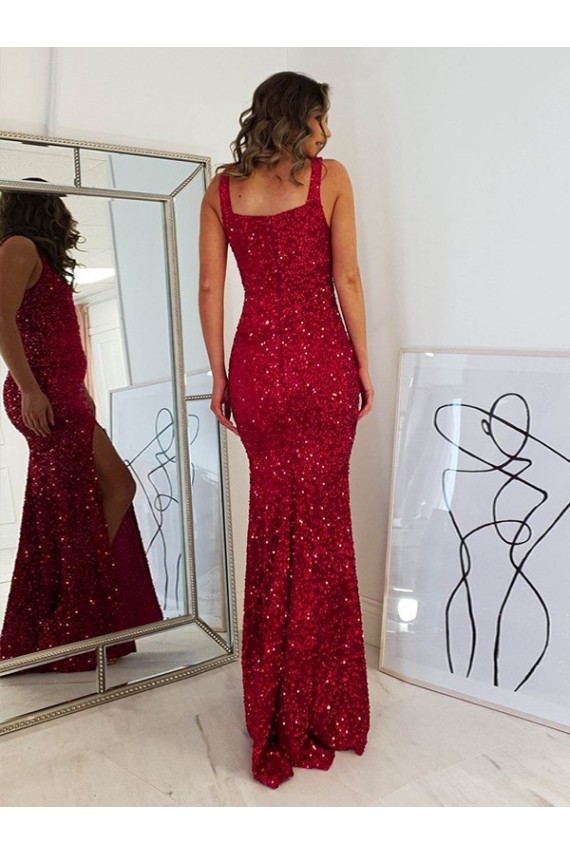 Compra Borgoña Cubierta Cuadrado Lentejuelas Terciopelo Largo Vestidos de fiesta