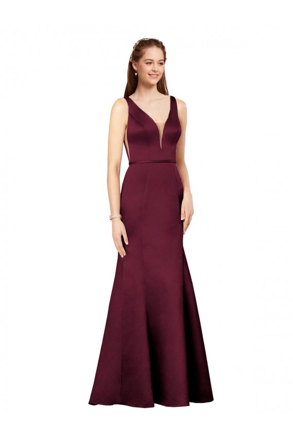 Compra Borgoña Cubierta Cuello en V Satén Largo Formales Vestidos de dama de honor / Vestidos de fiesta