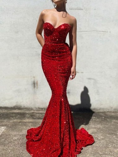 Borgoña Sirena Cuello de Corazón Cola corte Lentejuelas Terciopelo Largo Vestidos de fiesta Baratos