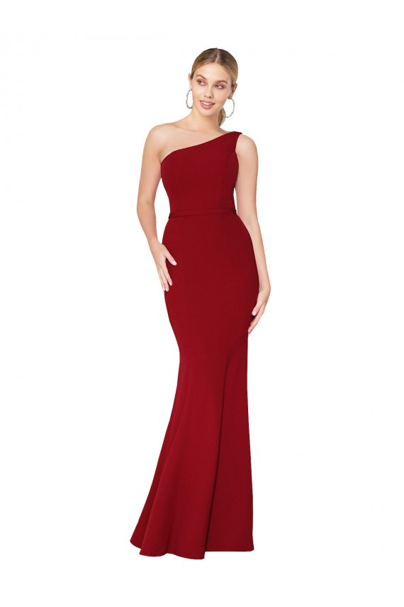 Compra Borgoña Sirena Un Hombre Cuello Alto Crepé Elástico Largo Formales Vestidos de dama de honor / Vestidos de fiesta