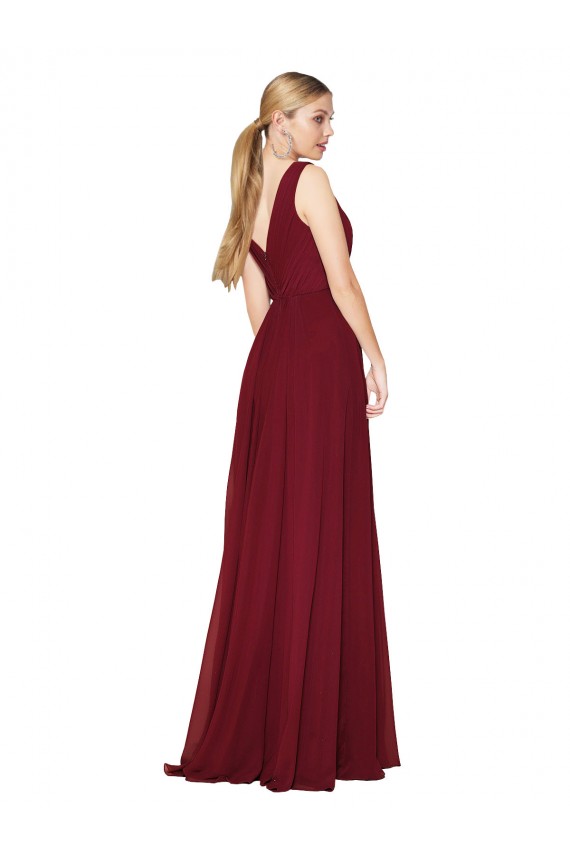 Compra Borgoña línea A Cuello en V Cuello Alto Gasa Largo Formales Vestidos de dama de honor / Vestidos de fiesta
