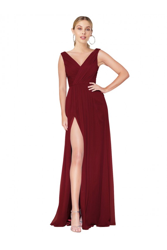 Compra Borgoña línea A Cuello en V Cuello Alto Gasa Largo Formales Vestidos de dama de honor / Vestidos de fiesta
