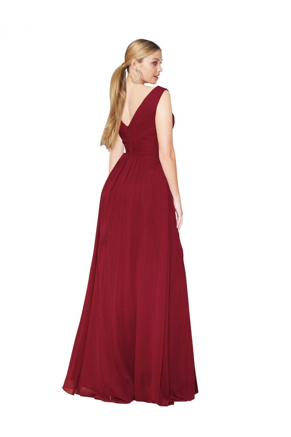 Compra Borgoña línea A Cuello en V Cuello Alto Gasa Largo Formales Vestidos de dama de honor / Vestidos de fiesta