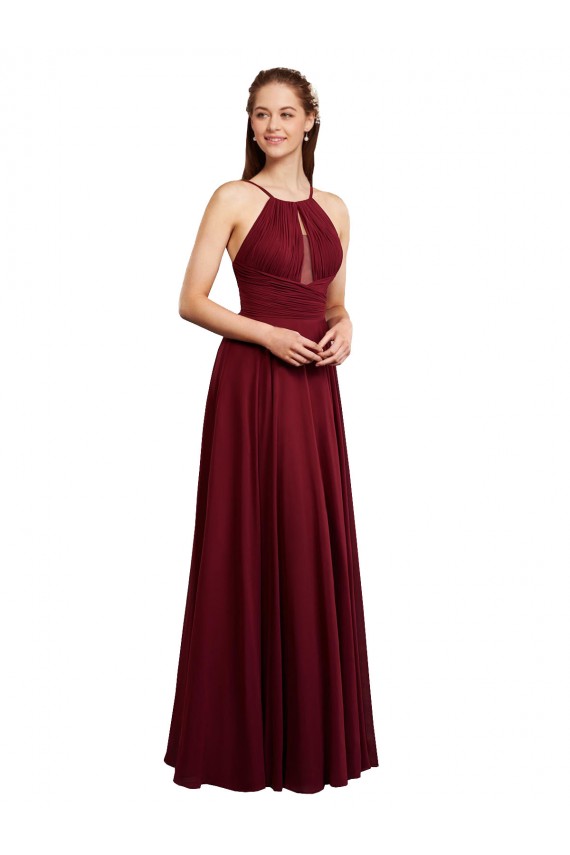 Compra Borgoña línea A Tirantes espagueti Halter Gasa Largo Vestidos de dama de honor