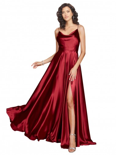 Borgoña línea A Tirantes espagueti Satén sedoso Largo Formales Vestidos de dama de honor / Vestidos de fiesta Baratos